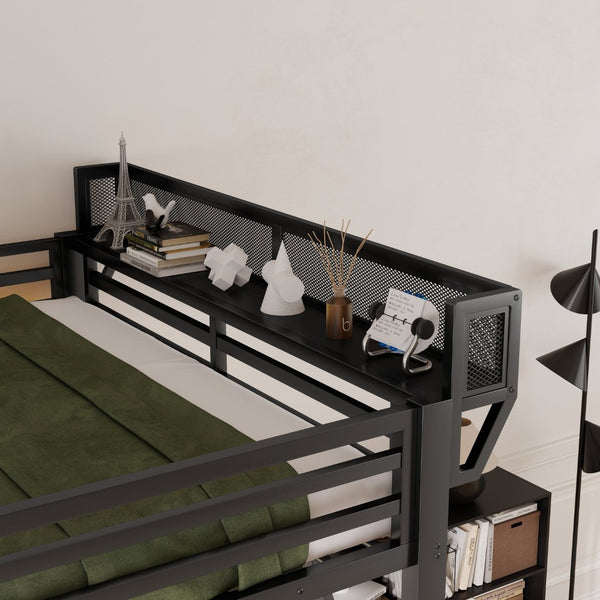 English Elm Queen Metal Loft Bed with Staircase Storage Foldable Desk and Built-in Charging W2580S00073