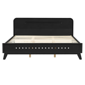English Elm Pine Solid Wood Queen Platform Bed Matte Finish Tall Headboard No Box Spring Black N770PQ291030B