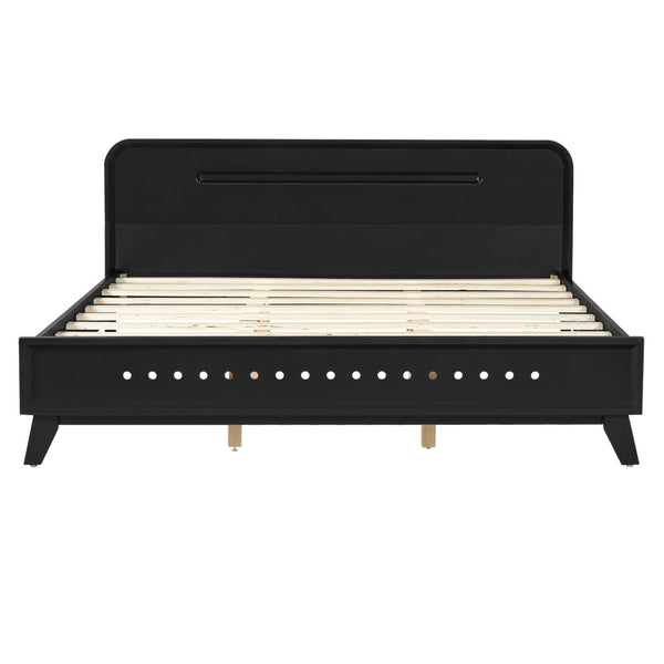 English Elm Pine Solid Wood Queen Platform Bed Matte Finish Tall Headboard No Box Spring Black N770PQ291030B