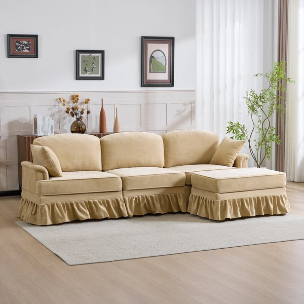 English Elm 103.15'' Chenille L-shaped Sectional Sofa with Detachable Pleated Skirt and Ottoman Khaki W3612S00045