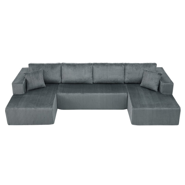 English Elm 132" U-shaped Modular Corduroy Sectional with Deep Foam Cushions for Living Room Dark Grey W5802S00003