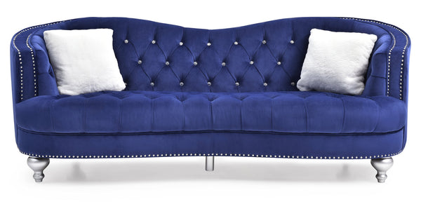 English Elm Jewel Glam Velvet Sofa with Deep Tufting, Nailhead Trim, Painted Legs & Contrasting Pillow — Luxurious Comfort and Durability Blue 30 L x 91 W x 37.5 H B078108408