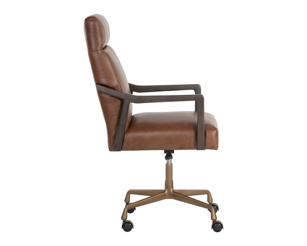 Sunpan Collin Office Chair - Stylish Bovine Leather with Elegant Iron Frame for Modern Workspace Comfort Brushed Gold, Brown, Shalimar Tobacco Leather