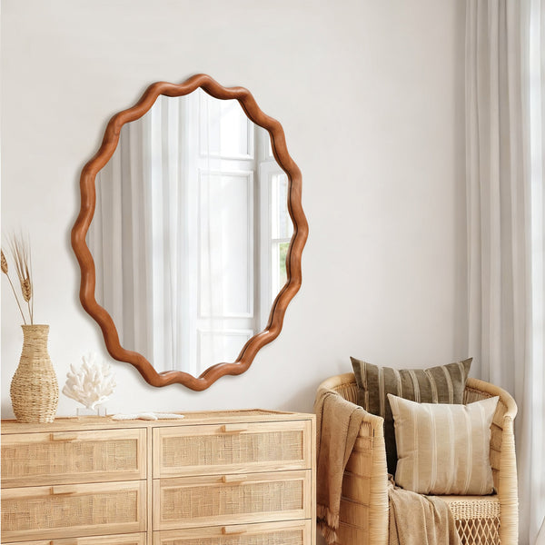 English Elm Yellowish 36in Wavy Round Solid Wood Frame Mirror, Tempered Glass, Rustic Boho Decor for Home W2203P389086