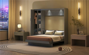 English Elm Full Size Murphy Bed with Open Shelving Wardrobe and Led Lighting for Studio Spaces Gray LP000898AAE
