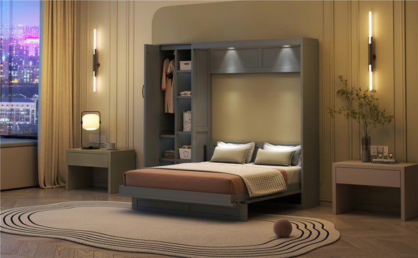 English Elm Full Size Murphy Bed with Open Shelving Wardrobe and Led Lighting for Studio Spaces Gray LP000898AAE