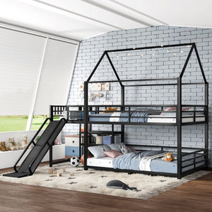 English Elm Twin House Bunk Bed with Slide Storage Stairs and Safety Rails for Kids Rooms W1580S00649