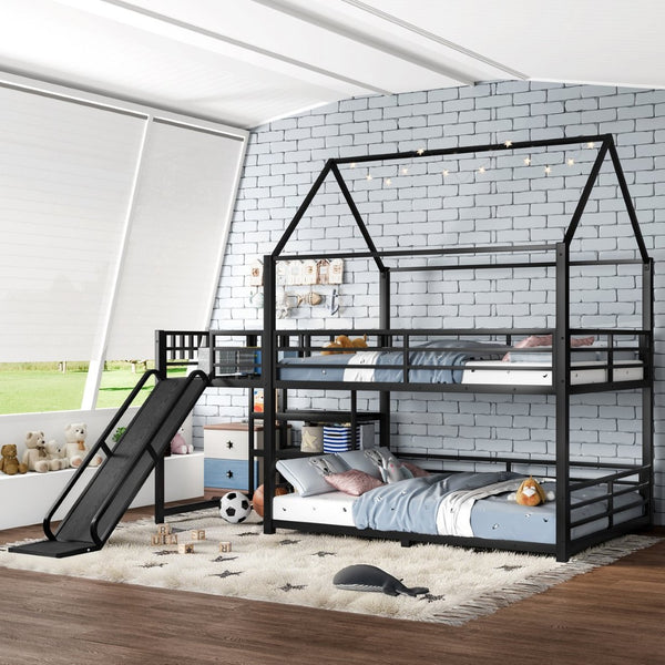English Elm Twin House Bunk Bed with Slide Storage Stairs and Safety Rails for Kids Rooms W1580S00649