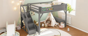 English Elm Twin Low Loft Bed Solid Pine Frame Kids Study Desk Blackboard Storage White Gray W1580S00469