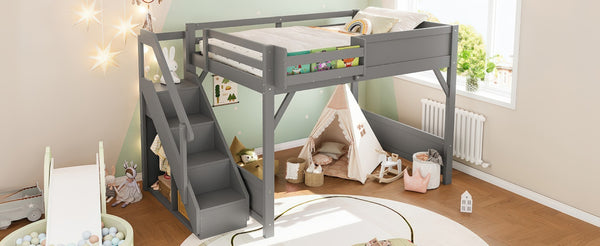 English Elm Twin Low Loft Bed Solid Pine Frame Kids Study Desk Blackboard Storage White Gray W1580S00469