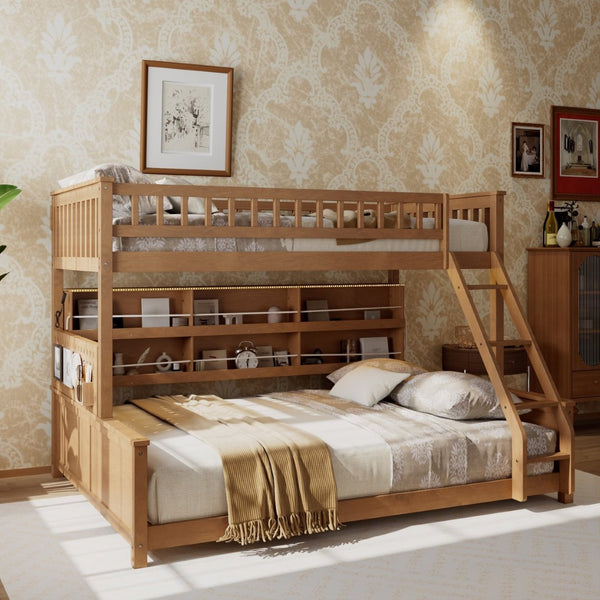 English Elm Twin Xl Over Queen Bunk Bed with Led Lighting Shelving and Pegboard Pinewood Frame Brown LT000280AAP