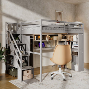 English Elm Full Loft Bed with Integrated Wardrobe Desk Shelving and Led Lighting for Teen Rooms Grey LT000927AAE