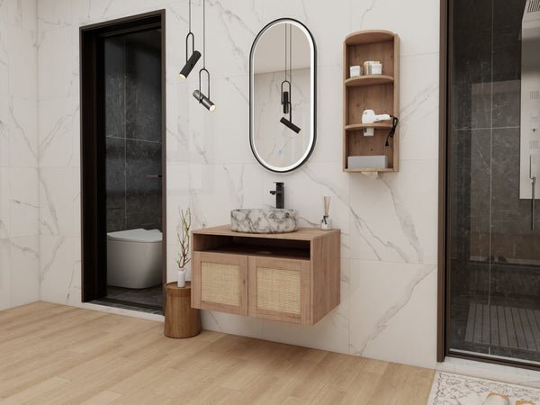 English Elm 30" Floating Bathroom Vanity Oak Finish Ceramic Vessel Sink Soft Close Plywood Cabinet W999S00503