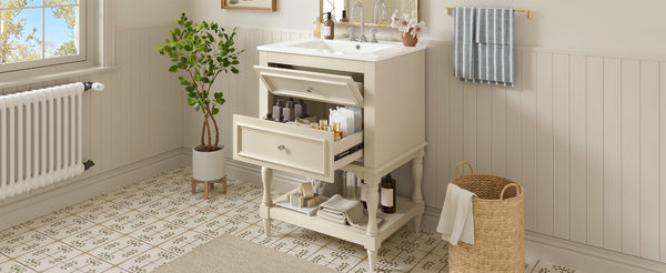 English Elm 24'' Retro Bathroom Vanity Mdf Cabinet with Ceramic Sink Open Shelf and 2 Drawers Beige N710P405414Y