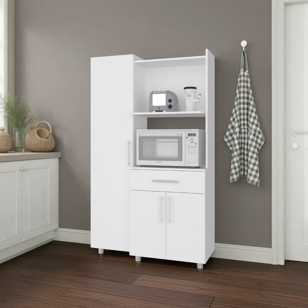 English Elm Lehr Tall White Pantry Cabinet with Six Doors One Drawer and Vertical Kitchen Storage B097S00252