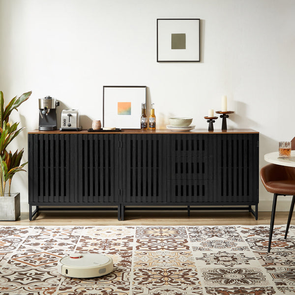 English Elm Cabinet Black Slatted Grille 6-Drawer Dresser, Modern MDF Sideboard with Metal Legs & Adjustable Shelves W578P193310