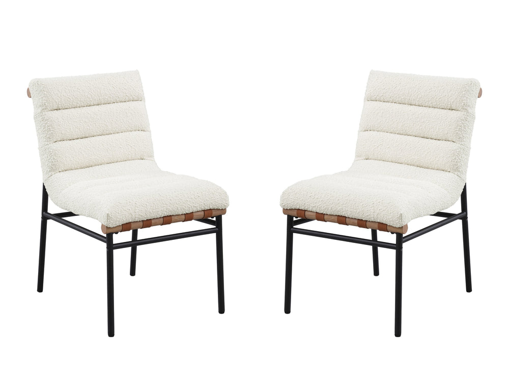 English Elm Lahni Plush Boucle Dining Chair Set of 2 with Cognac PU Accents, Wood Bar Detail & Black Iron Legs B061P234546