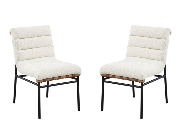 English Elm Lahni Plush Boucle Dining Chair Set of 2 with Cognac PU Accents, Wood Bar Detail & Black Iron Legs B061P234546