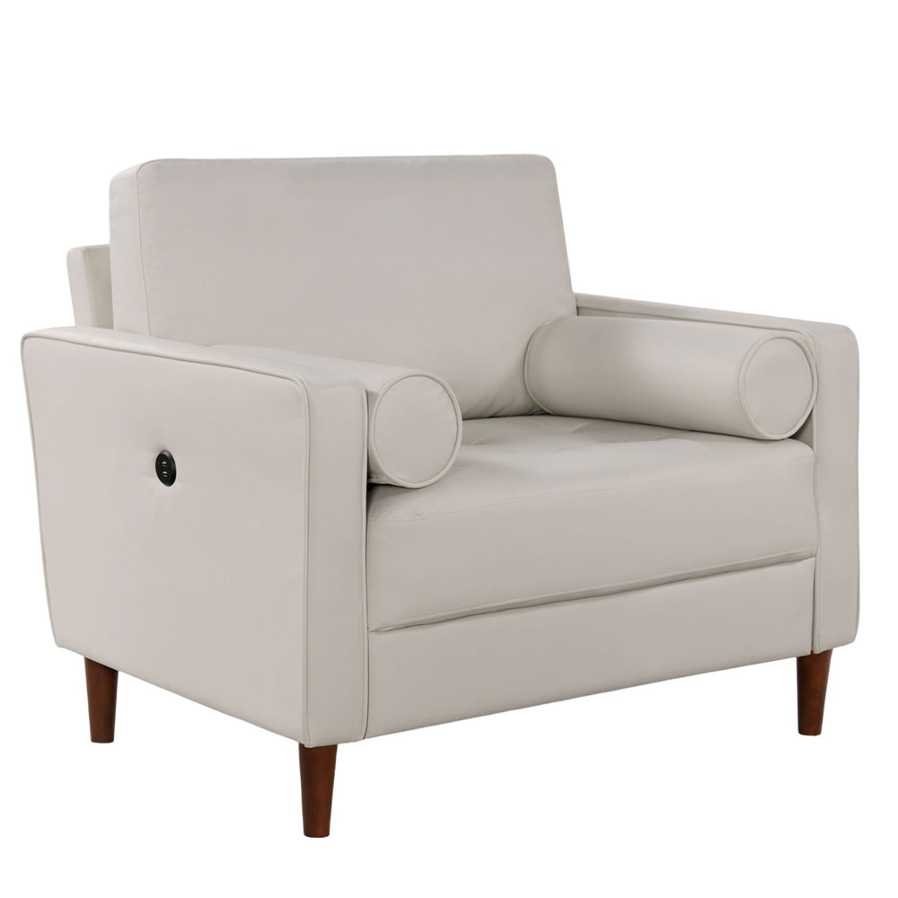 English Elm Mid-Century Off-White Leatherette Chair with Tufted Bench Seat, Bolster Pillows & USB Outlet B011P203541