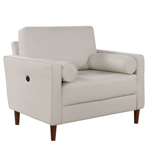 English Elm Mid-Century Off-White Leatherette Chair with Tufted Bench Seat, Bolster Pillows & USB Outlet B011P203541