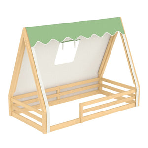 English Elm Twin Montessori Floor Bed Solid Pine Teepee Frame with Guardrails and Canopy Light W1580P369466