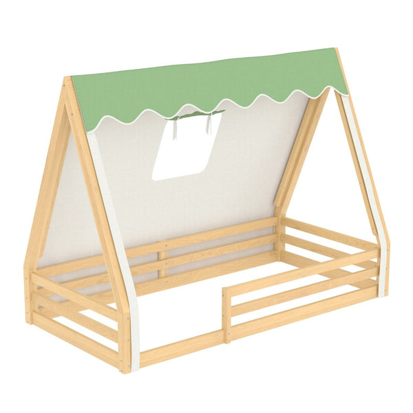 English Elm Twin Montessori Floor Bed Solid Pine Teepee Frame with Guardrails and Canopy Light W1580P369466