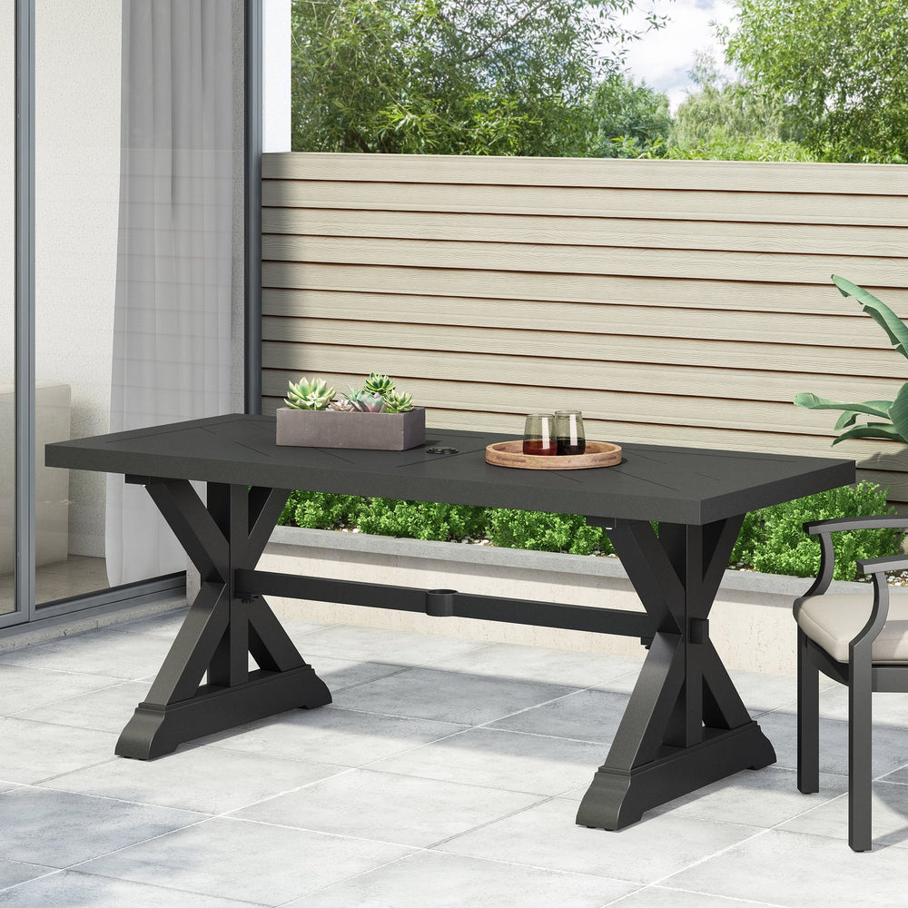 English Elm Christopher Knight Home® - Outdoor Aluminum Dining Table Antique Matte Black, 74.25" x 34.75" Rustic X-Leg Centerpiece for Patio Durability 68183.00BLK