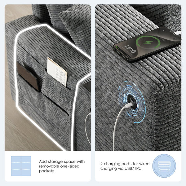 English Elm 140'' Oversized Modular Sectional Sofa with Movable Storage Ottoman, USB Charger, Console, 6-Seater U-Shaped Corduroy Gray N723S0166E