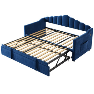 English Elm Upholstered Twin Daybed with Pop up Trundle Velvet Frame and Built in Usb Charging Blue N733S410648C