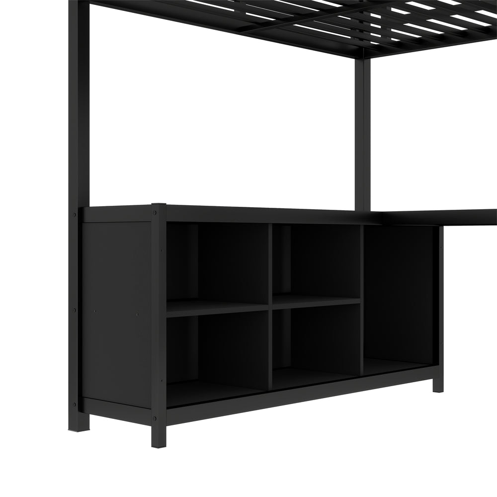 English Elm Metal Loft Bed With Integrated Desk, Storage Shelves & Wardrobe – Space-Saving Solution For All Ages W1580S00117