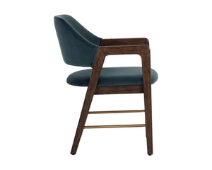 Sunpan Milton Dining Armchair - Chic Mid-Century Modern Design with Solid Rubberwood Frame & Brass Stretchers Smoke Acacia / Meg Dusty Teal