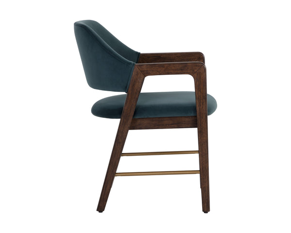 Sunpan Milton Dining Armchair - Chic Mid-Century Modern Design with Solid Rubberwood Frame & Brass Stretchers Smoke Acacia / Meg Dusty Teal