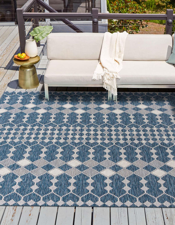 Unique Loom Outdoor Trellis Traliccio Machine Made Trellis Rug Blue, Ivory/Gray 10' 0" x 10' 0"