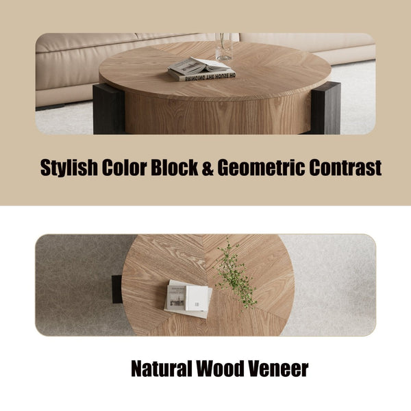 English Elm 33'' Round Coffee Table Parquet Veneer Flip Top Hidden Storage Wabi-sabi Living Room Matte Black,Natural Wood W1435P419318