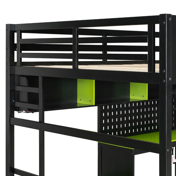 English Elm Full Size Gaming Loft Bed with Built-in Desk Led Lighting Usb Ports and Pegboard Black+Green LT000270AAG