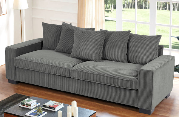 English Elm Luxe Corduroy Sofa with 5 Toss Pillows, Deep-Seat 3-Seater Couch, Sleek Modern Design, 88" Wide Grey B2735P256726