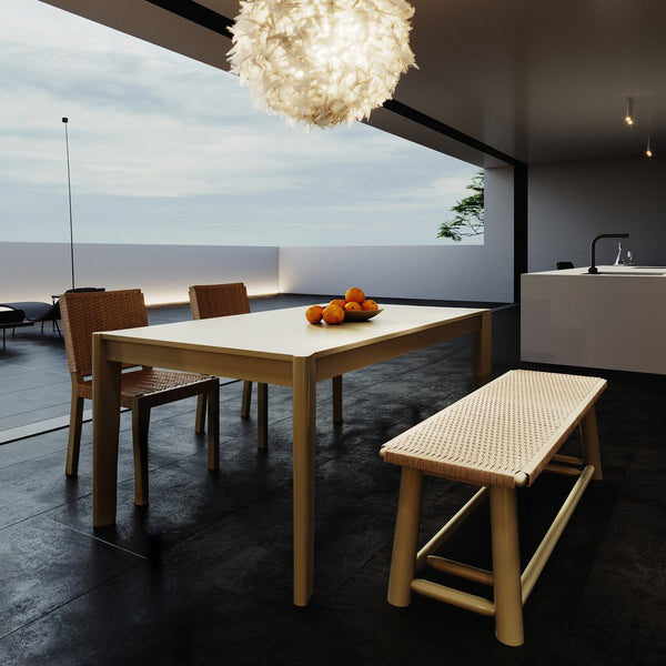 English Elm Modern Farmhouse Extendable Dining Table Set with Handwoven Rattan Chairs, Child‑Safe Rounded Edges, Expandable for 4‑8 Guests Gold TWSET2025-1E