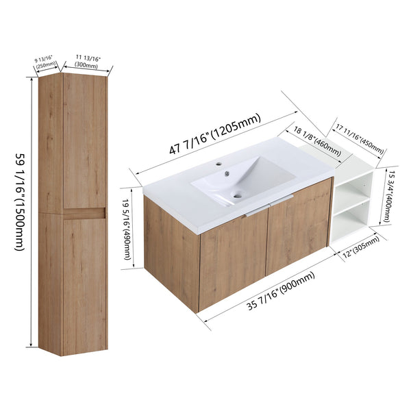 English Elm 48" Wall-Mounted Bathroom Vanity Set With Sink & Cabinets – Modern Design, Soft-Close Doors, Ample Storage W999S00237