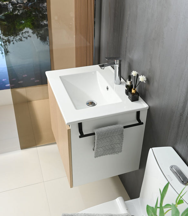 English Elm Goodyo 24" Wall-Mount Floating Bathroom Vanity Cabinet with Soft-Close Doors Stainless Towel Rack Yellow+White D163120297