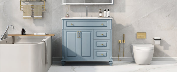 English Elm 36" Bathroom Vanity - Modern Blue Grey Solid Wood Cabinet With Elegant Gold Handles & Ample Storage N725P356069E