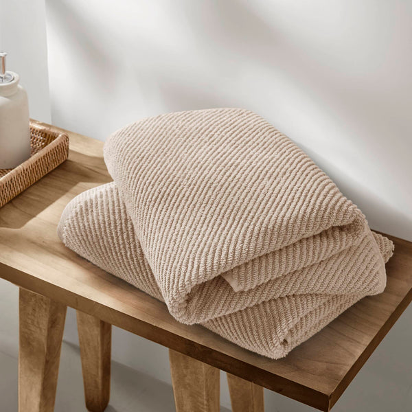 JLA Home Madison Park - 100% Cotton Diagonal Ribbed 4-Piece Bath Towels — Plush Zero-Twist 518GSM, Fast-Dry & Durable Luxury Beige MP73-8871