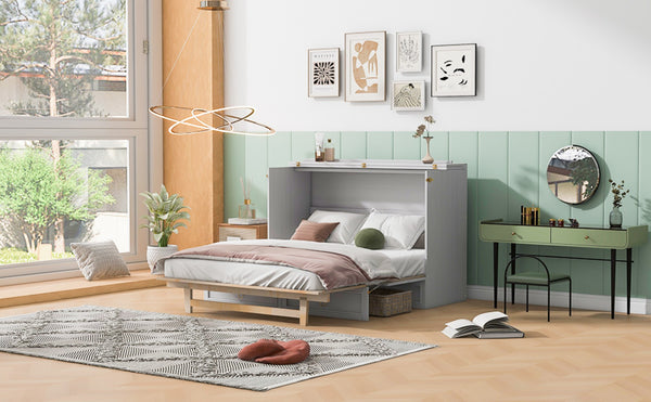 English Elm Queen Murphy Wall Bed with Rattan Panel Cabinet and Storage Drawers for Studio Rooms White LP000676AAK