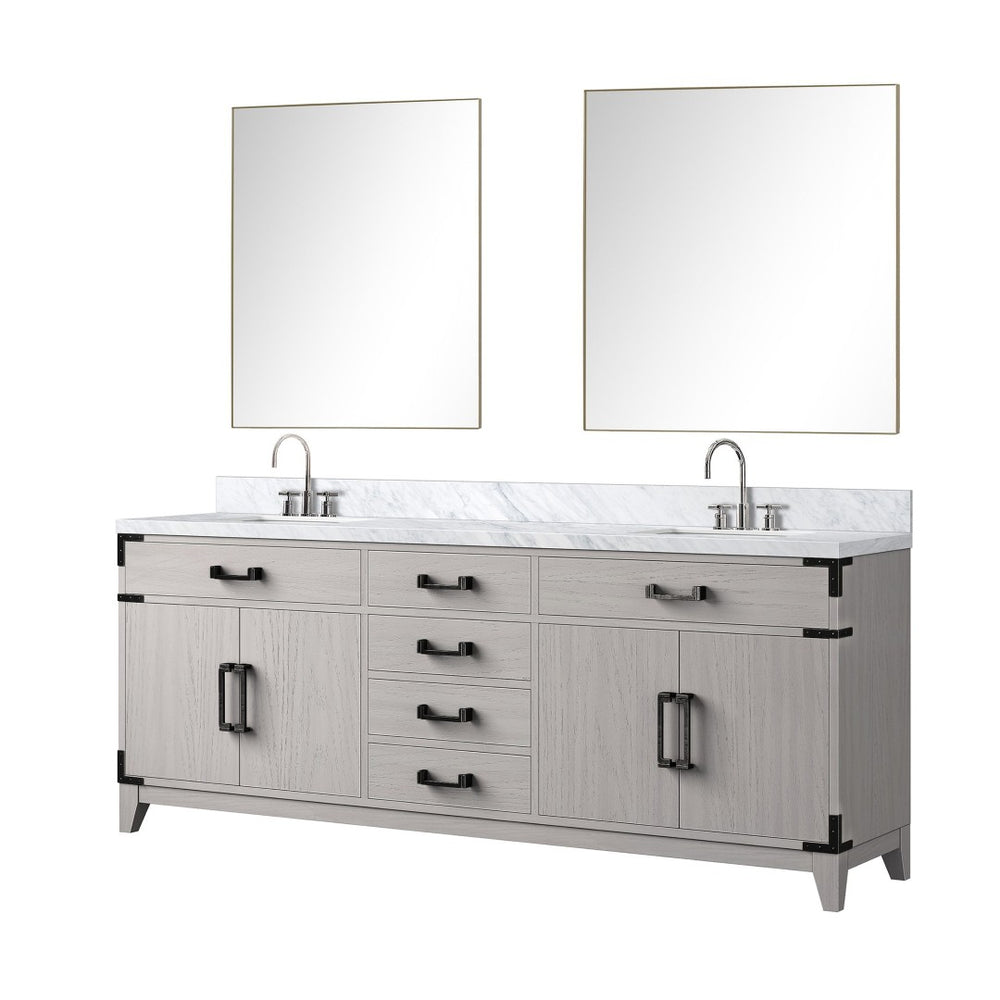 English Elm White Oak Double Bath Vanity Set With Carrara Marble Top, Faucets, & Matching 36 In. Mirrors B2731S01872-GIGA