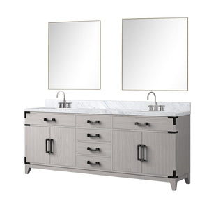 English Elm White Oak Double Bath Vanity Set With Carrara Marble Top, Faucets, & Matching 36 In. Mirrors B2731S01872-GIGA