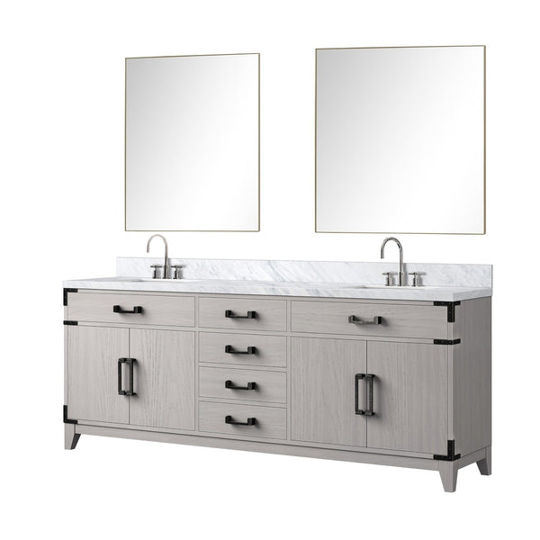 English Elm White Oak Double Bath Vanity Set With Carrara Marble Top, Faucets, & Matching 36 In. Mirrors B2731S01872-GIGA