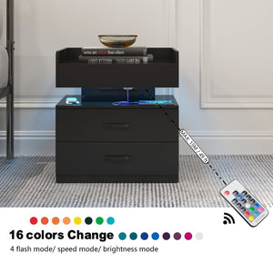 English Elm 1 Set Led Strip Nightstand with 2 Drawers Open Shelf Contemporary Bedside Storage Black W578P462506