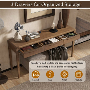 English Elm U_style Oak Veneer Console Table with Three Wave Drawers for Entryway or Foyer Brown N711P401926D