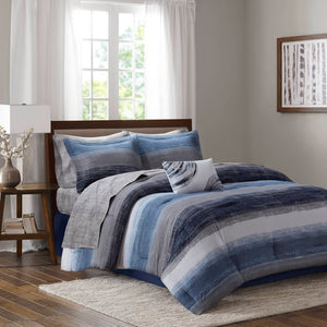 English Elm 9-piece King Comforter Set Watercolor Stripe Navy Cotton Sheets Oeko-tex Certified B035P408257