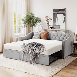 English Elm Twin Upholstered Daybed with Pop-Up Trundle, Space-Saving Guest Bed with Slats, Hydraulic Wheels, 81.9" L Gray SF000133AAE