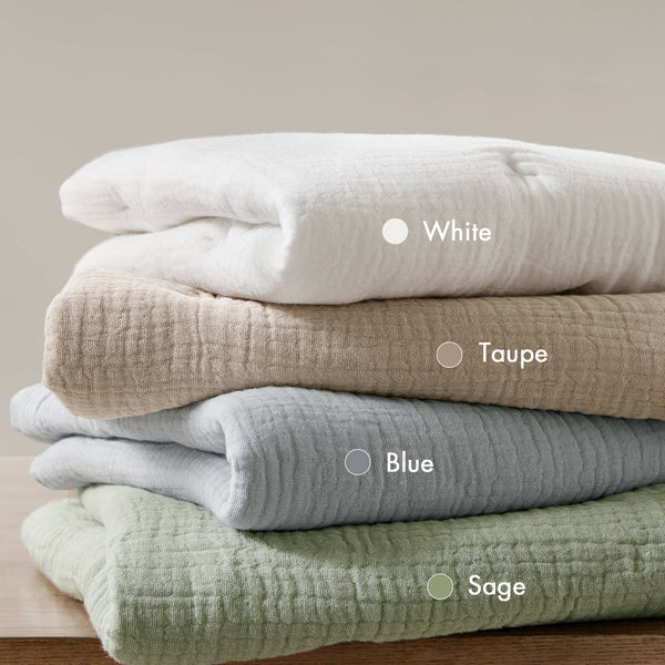 JLA Home Harbor House Blue - Cotton Crinkled Gauze Embroidered Quilt Set with Lightweight 250gsm Fill, OEKO‑TEX Certified Comfort and Texture White HH13-1884